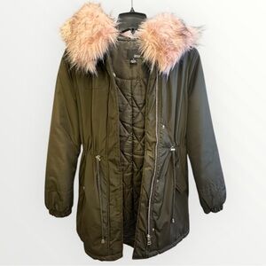 a.n.a Olive Green Parka with Detachable Pink Faux Fur Hood